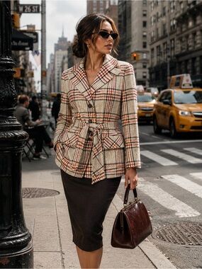 Vintage 70s Leo Narducci Ambiance Tweed Plaid Belted Jacket Size 14